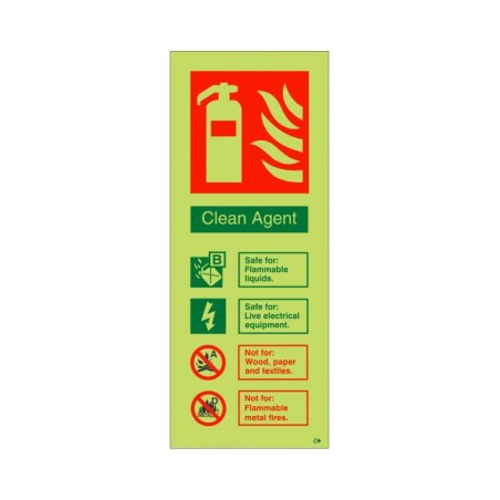 Glow In The Dark Clean Agent Fire Extinguisher ID Sign 80x200h