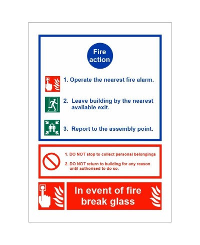 3 Point Fire Action Notice Sign - In Event Of Fire Break Glass
