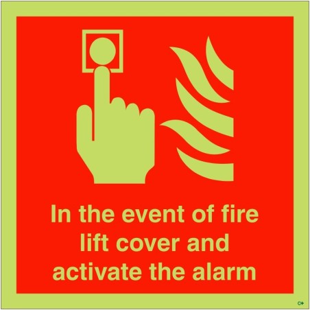 In The Event Of Fire Lift Cover And Activate The Alarm Glow In The Dark Sign