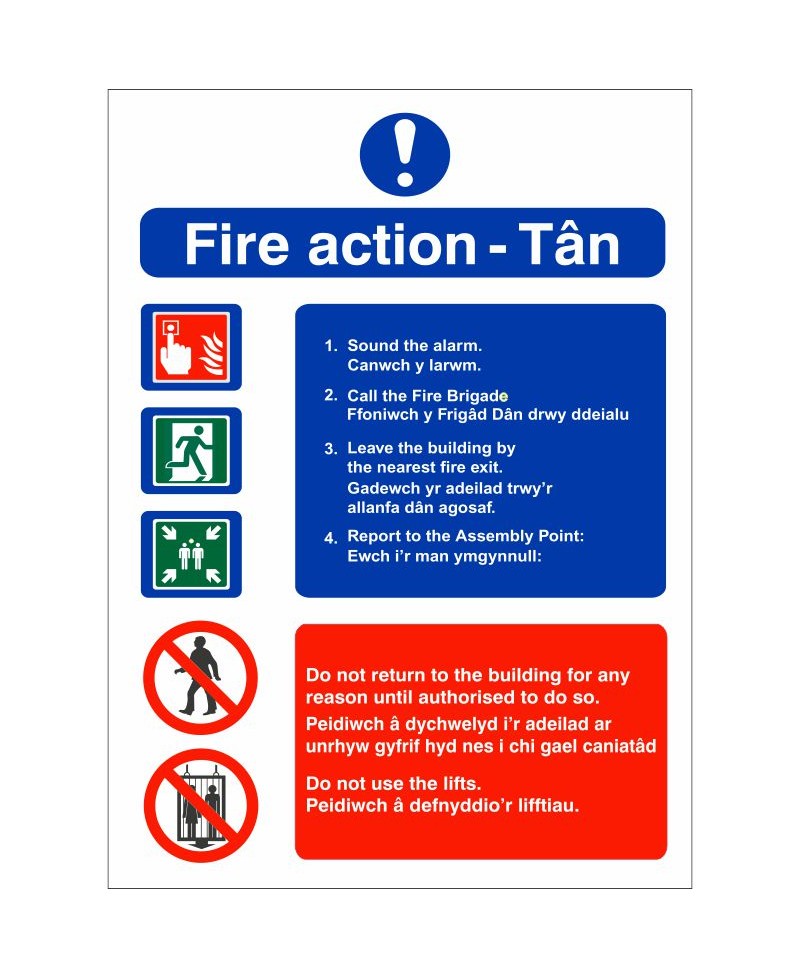 English / Welsh Fire Action Sign