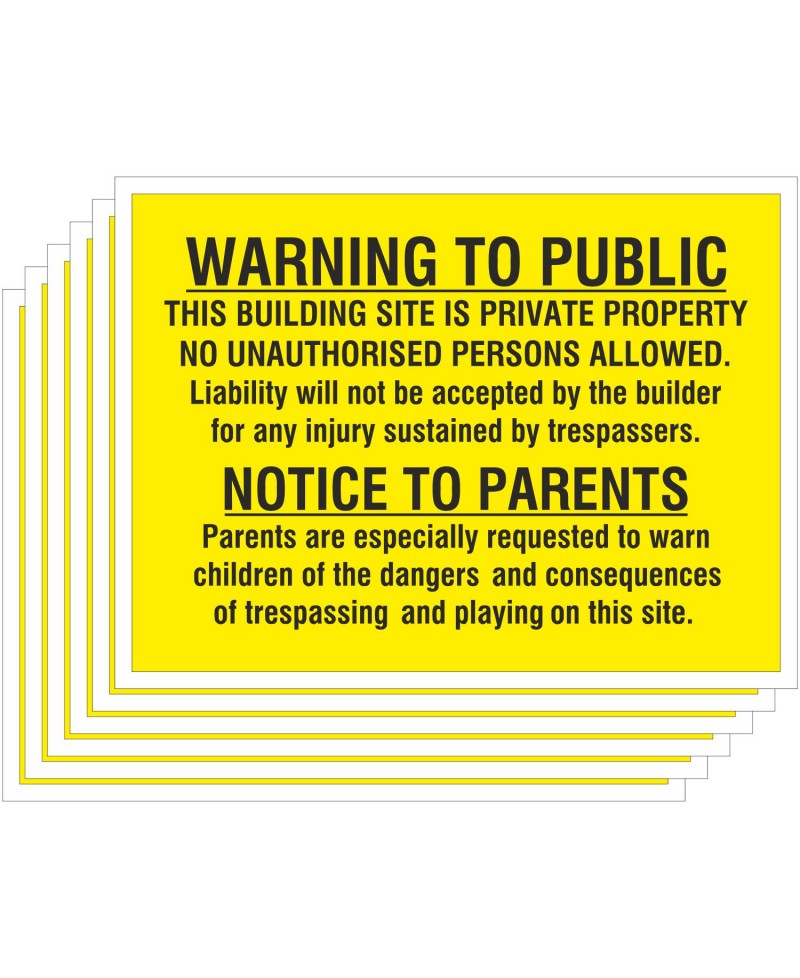 Pack of 6 Warning To Public Building Site Signs