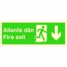 Fire Exit Arrow Down Sign in Welsh / English