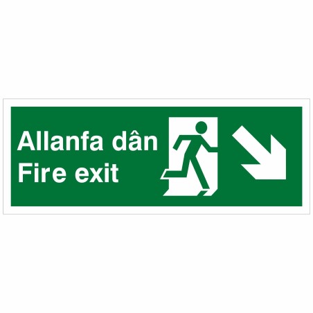 Fire Exit Arrow Down Right Sign in Welsh / English