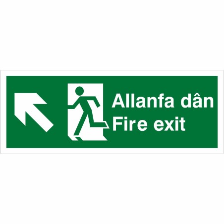 Fire Exit Arrow Up Left Sign in Welsh / English