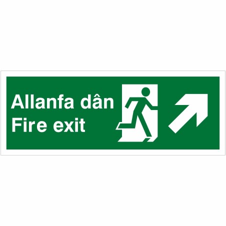 Fire Exit Arrow Up Right Sign in Welsh / English