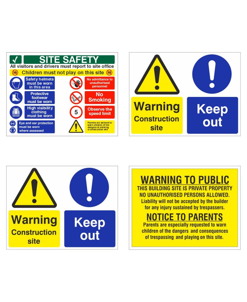 Pack of 4 Construction Site Safety Signs