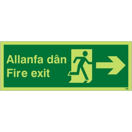 Glow in the Dark Fire Exit Arrow Right Sign in Welsh/English