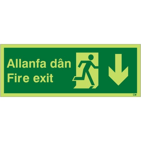 Glow in the Dark Fire Exit Arrow Down Sign in Welsh/English