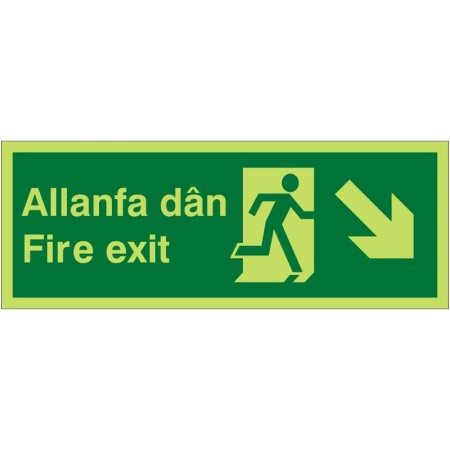 Glow in the Dark Fire Exit Arrow Down Right Sign in Welsh/English