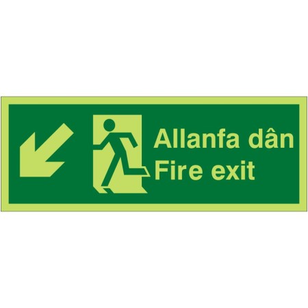 Glow in the Dark Fire Exit Arrow Down Left Sign in Welsh/English