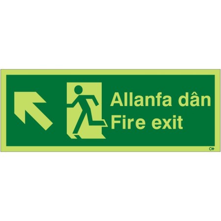 Glow in the Dark Fire Exit Arrow Up Left Sign in Welsh/English