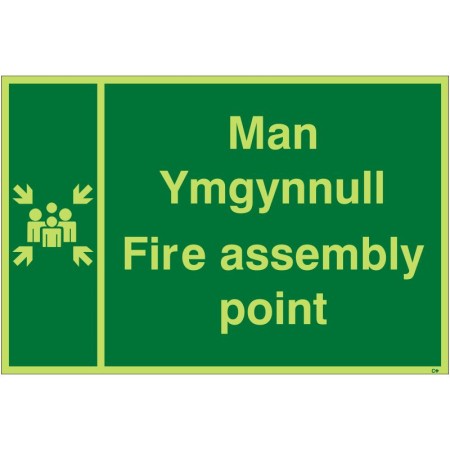 Glow in the Dark Fire Assembly Point Sign in Welsh/English