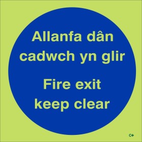 Glow in the Dark Fire Exit Keep Clear Door Sign in Welsh/English Glow in the Dark Fire Exit Keep Clear Door Sign in Welsh/English