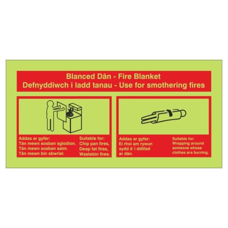 Glow in the Dark Fire Blanket Fire ID Sign in Welsh/English