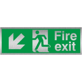 Fire Exit Arrow Down Left Brushed Aluminium Sign Fire Exit Arrow Down Left Brushed Aluminium Sign