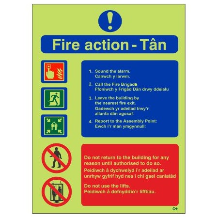 Glow in the Dark Fire Action Notice Sign Welsh/English