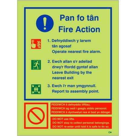 Glow in the Dark 3 Point Fire Action Notice Sign Welsh/English