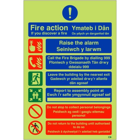 Glow in the Dark Fire Action Notice Sign Welsh/English - Raise The Alarm