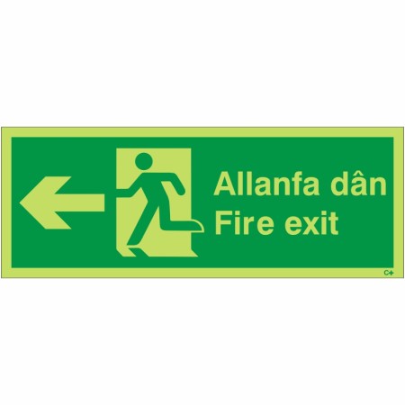 Glow in the Dark Fire Exit Arrow Left Sign in Welsh/English