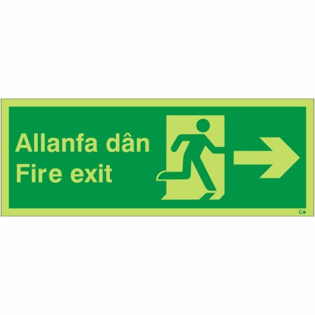 Glow in the Dark Fire Exit Arrow Right Sign in Welsh/English