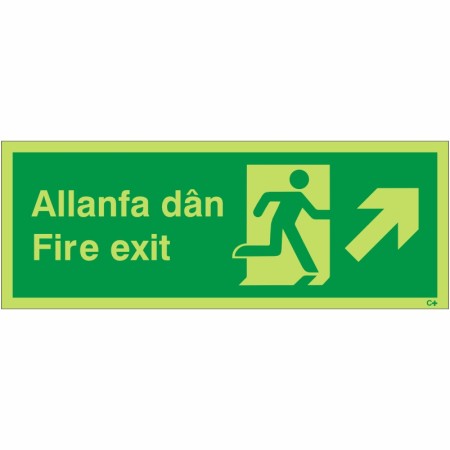 Glow in the Dark Fire Exit Arrow Up Right Sign in Welsh/English