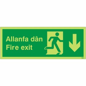 Glow in the Dark Fire Exit Arrow Down Sign in Welsh/English Glow in the Dark Fire Exit Arrow Down Sign in Welsh/English