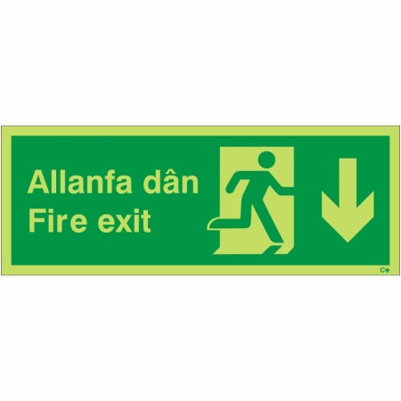 Glow in the Dark Fire Exit Arrow Down Sign in Welsh/English