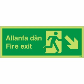 Glow in the Dark Fire Exit Arrow Down Right Sign in Welsh/English Glow in the Dark Fire Exit Arrow Down Right Sign in Welsh/English