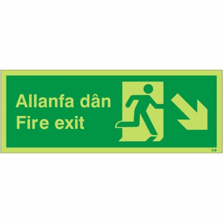 Glow in the Dark Fire Exit Arrow Down Right Sign in Welsh/English