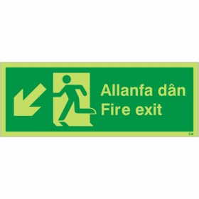 Glow in the Dark Fire Exit Arrow Down Left Sign in Welsh/English Glow in the Dark Fire Exit Arrow Down Left Sign in Welsh/English